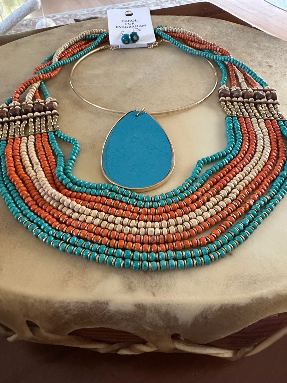 Multistrand Turquoise & Coral Bead Necklace with Teardrop Pendant